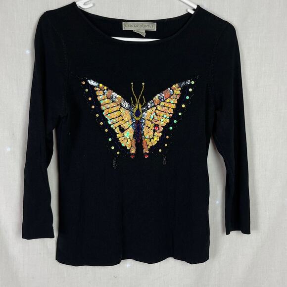 Nordstrom Embellished Vintage Y2K Beaded Graphic Butterfly Sequin Top Sz Small - Picture 2 of 5
